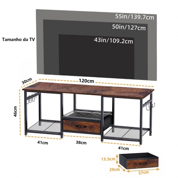 Rack para TV até 55 Polegadas Estilo Industrial com Gaveta