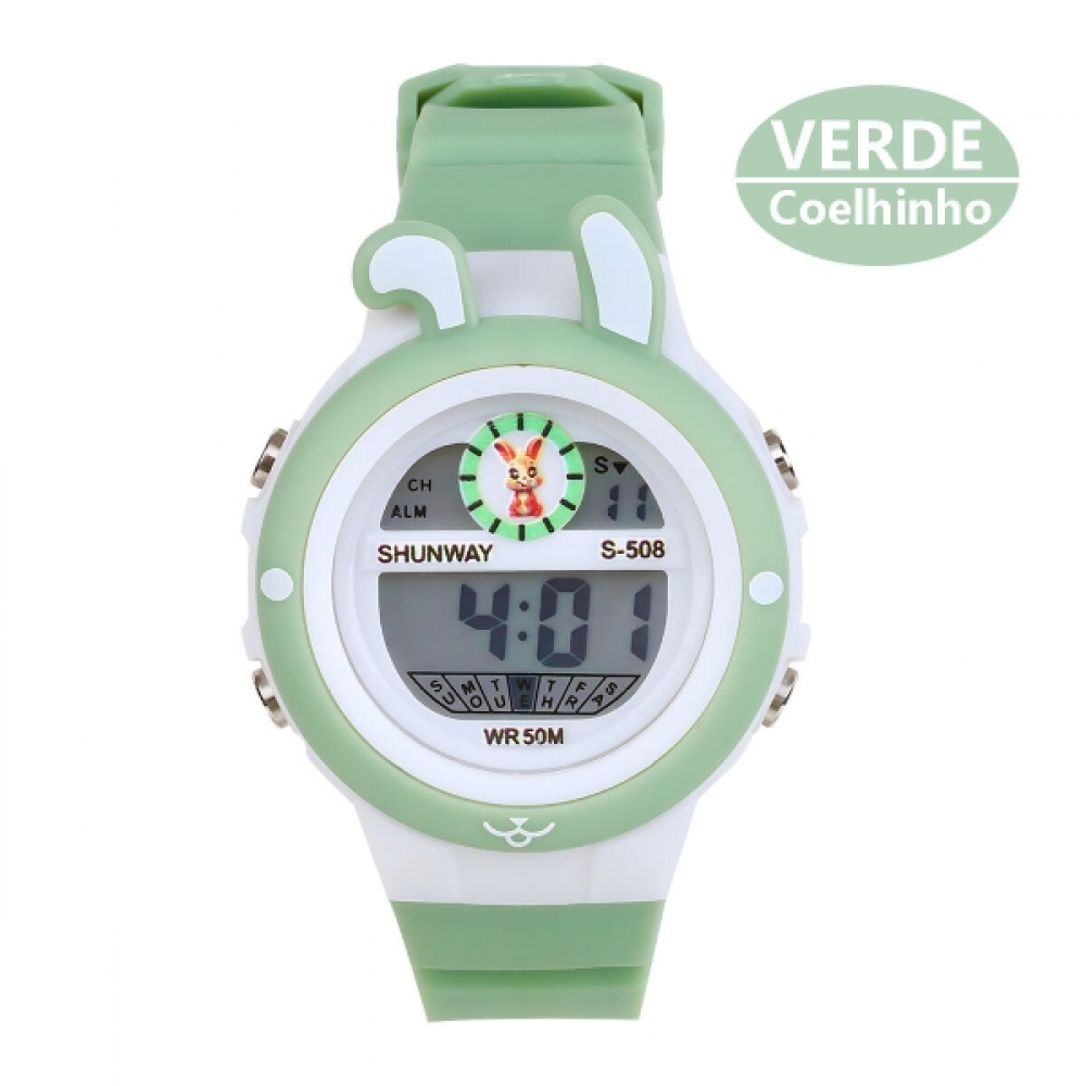 Relógio Infantil Digital Verde Coelhinho LED WR50M