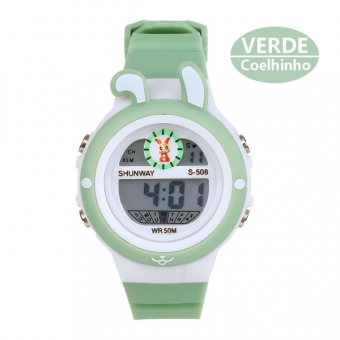 Relógio Infantil Digital Verde Coelhinho LED WR50M