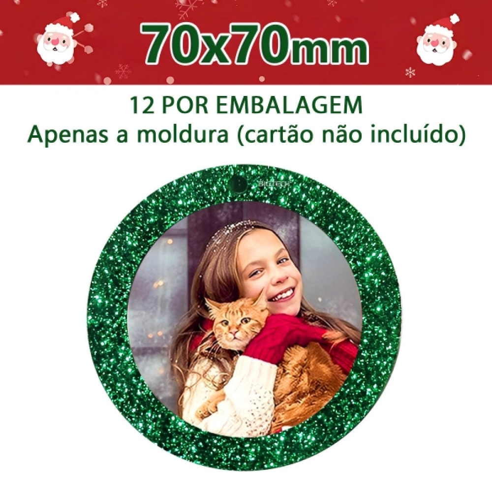 Enfeites Circulares de Natal com Glitter Verde 70mm - Kit 12