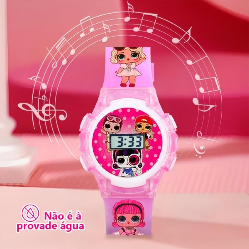 Relógio Infantil Digital Rosa com Luz LED Personagens