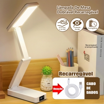 Luminária de Mesa LED Articulada Recarregável com Relógio