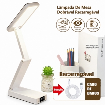 Luminária de Mesa LED Articulada Recarregável com Relógio