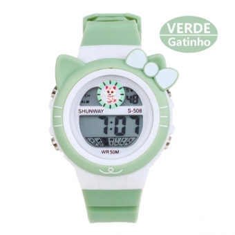 Relógio Infantil Digital Verde Gatinho LED WR50M