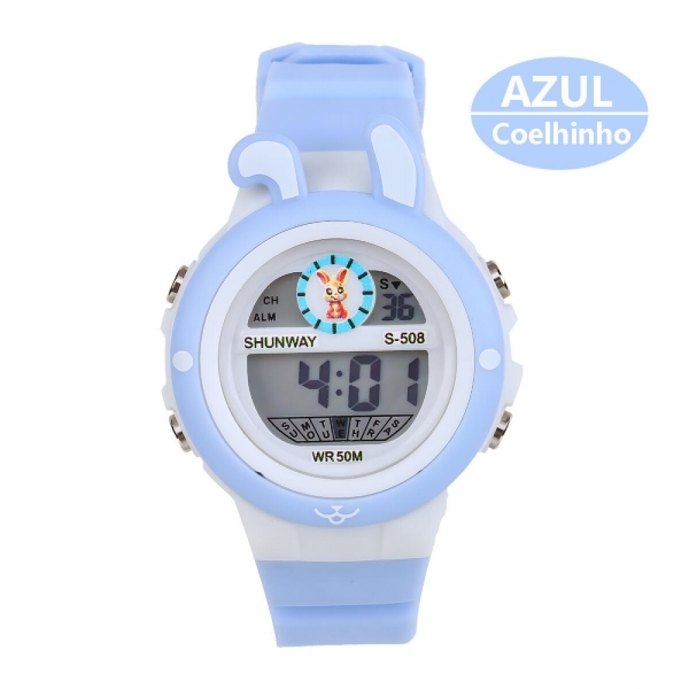 Relógio Infantil Digital Azul Coelhinho LED WR50M