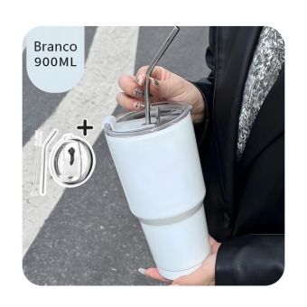 Copo Térmico Branco 900ml com Canudo de Aço Inox e Escova