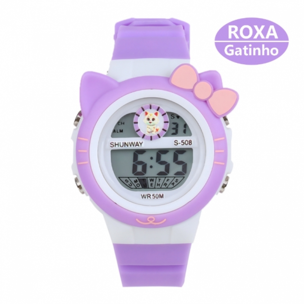 Relógio Infantil Roxo Gatinho com LED